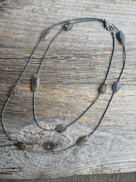 Versatile 42" Semi Precious Hematite and Labradorite Beads with Sterling Silver Clasp