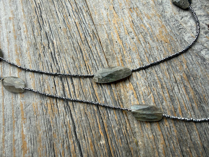 Versatile 42" Semi Precious Hematite and Labradorite Beads with Sterling Silver Clasp