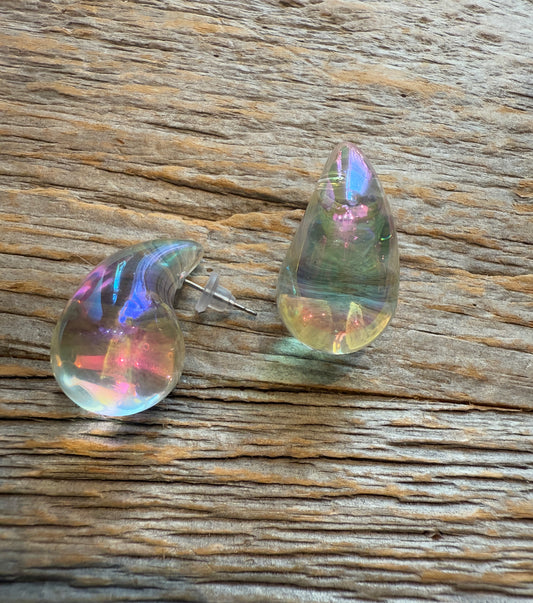 Iridescent Lucite Tear Drop Stud Earrings