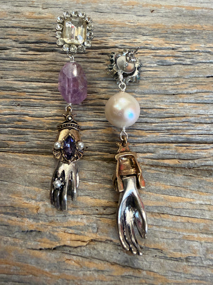 One of a Kind Vintage and Semi Precious Earrings- Silver Amethyst Pearl Vintage Button