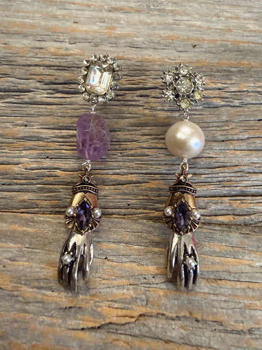 One of a Kind Vintage and Semi Precious Earrings- Silver Amethyst Pearl Vintage Button