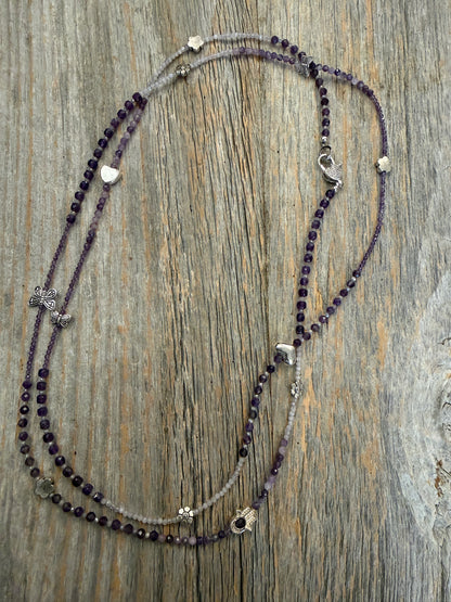 52" Assorted Faceted Semi Precious Long Necklace with Silver Beads- Amethyst Lavender Jade