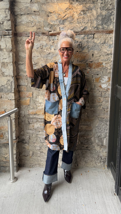 Midi Pattern cardigan with up cycled  Denim Trim  Black Yellow Brown Blue pattern