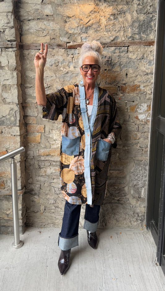 Midi Pattern cardigan with up cycled  Denim Trim  Black Yellow Brown Blue pattern