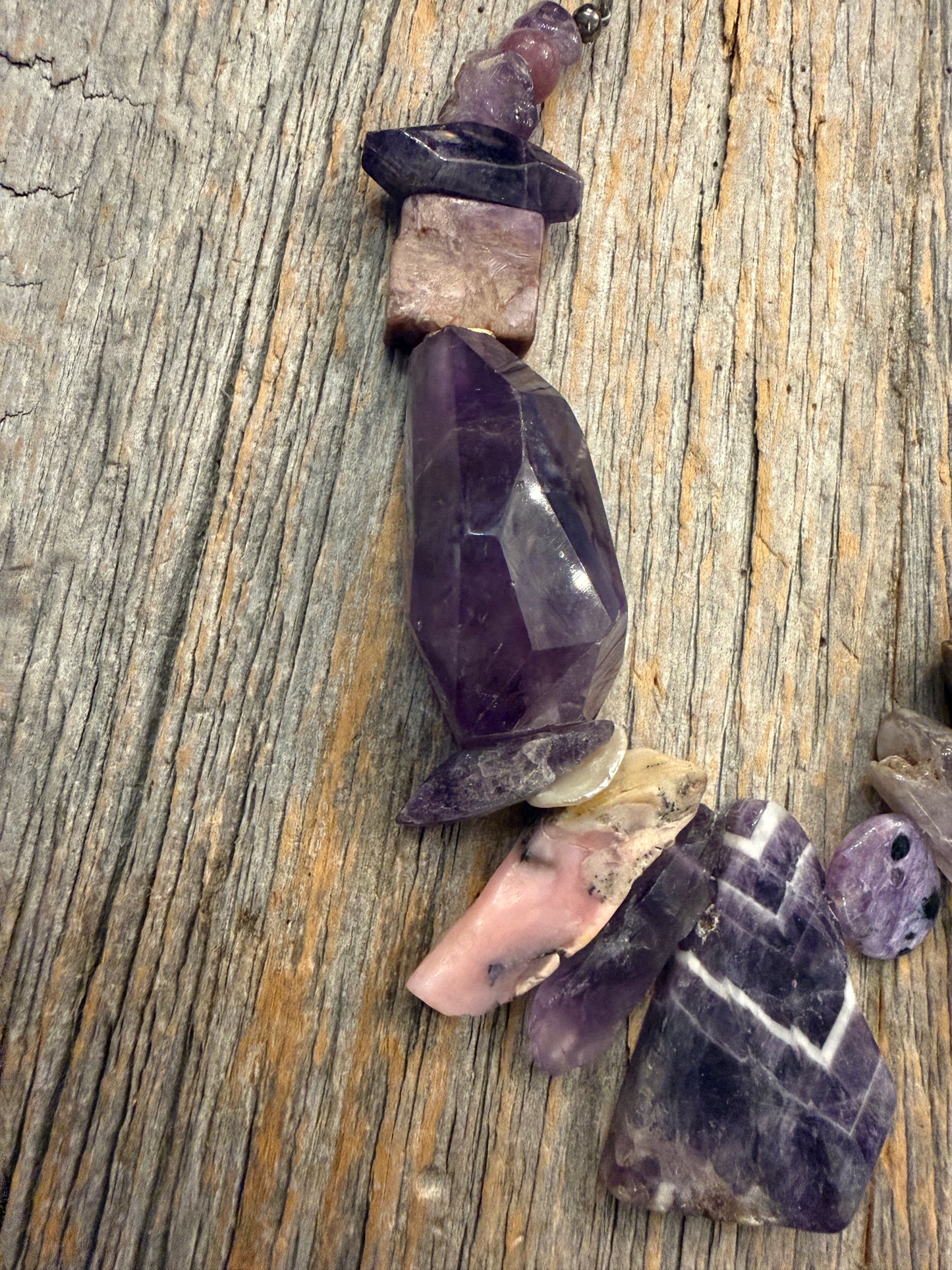 22" Amethyst, Pink Tourmaline, Charoite, Pearl & Pink Opal Necklace on Vintage Gunmetal Chain