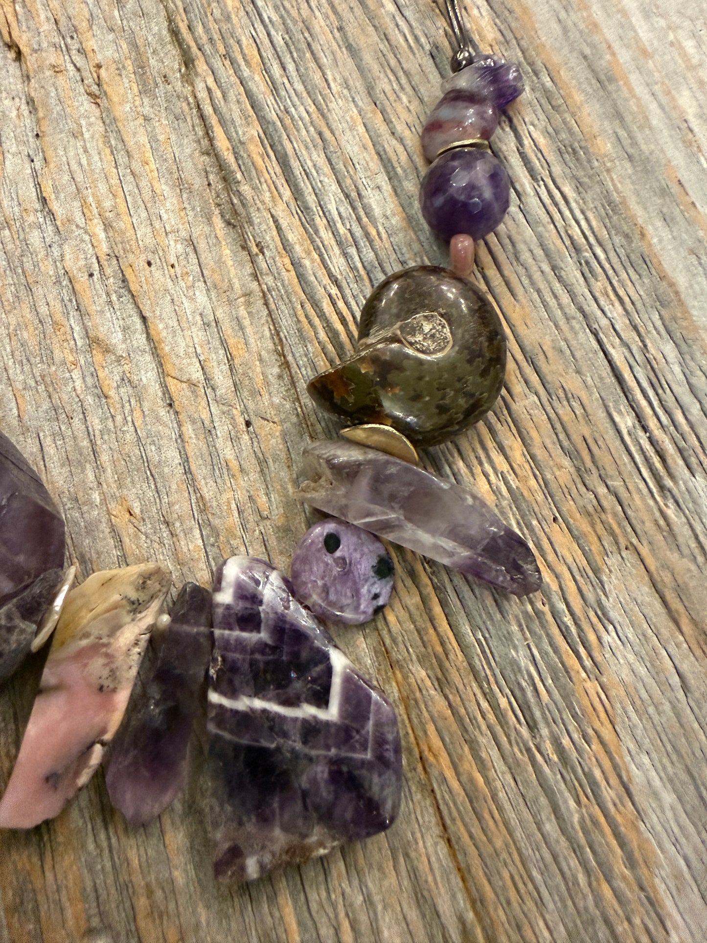 22" Amethyst, Pink Tourmaline, Charoite, Pearl & Pink Opal Necklace on Vintage Gunmetal Chain