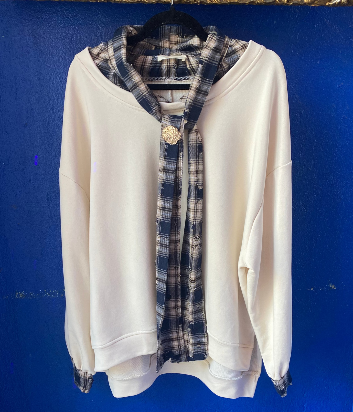 Oversized Ivory Sweatshirt with Distressed Plaid Trim