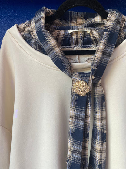 Oversized Ivory Sweatshirt with Distressed Plaid Trim