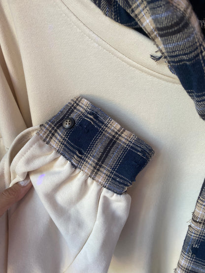 Oversized Ivory Sweatshirt with Distressed Plaid Trim
