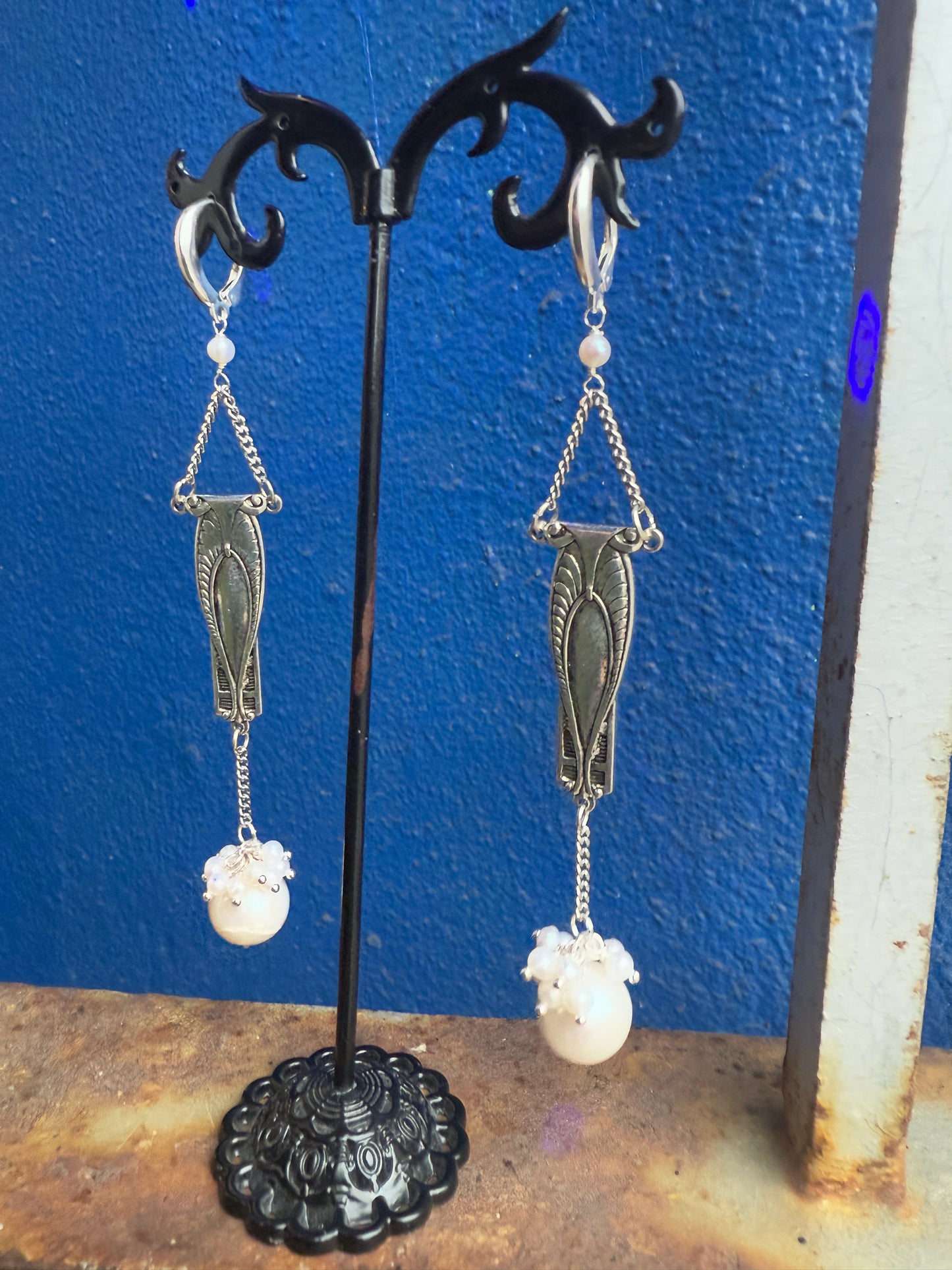 Silver Art Deco Silver Earrings with Pearl Drop