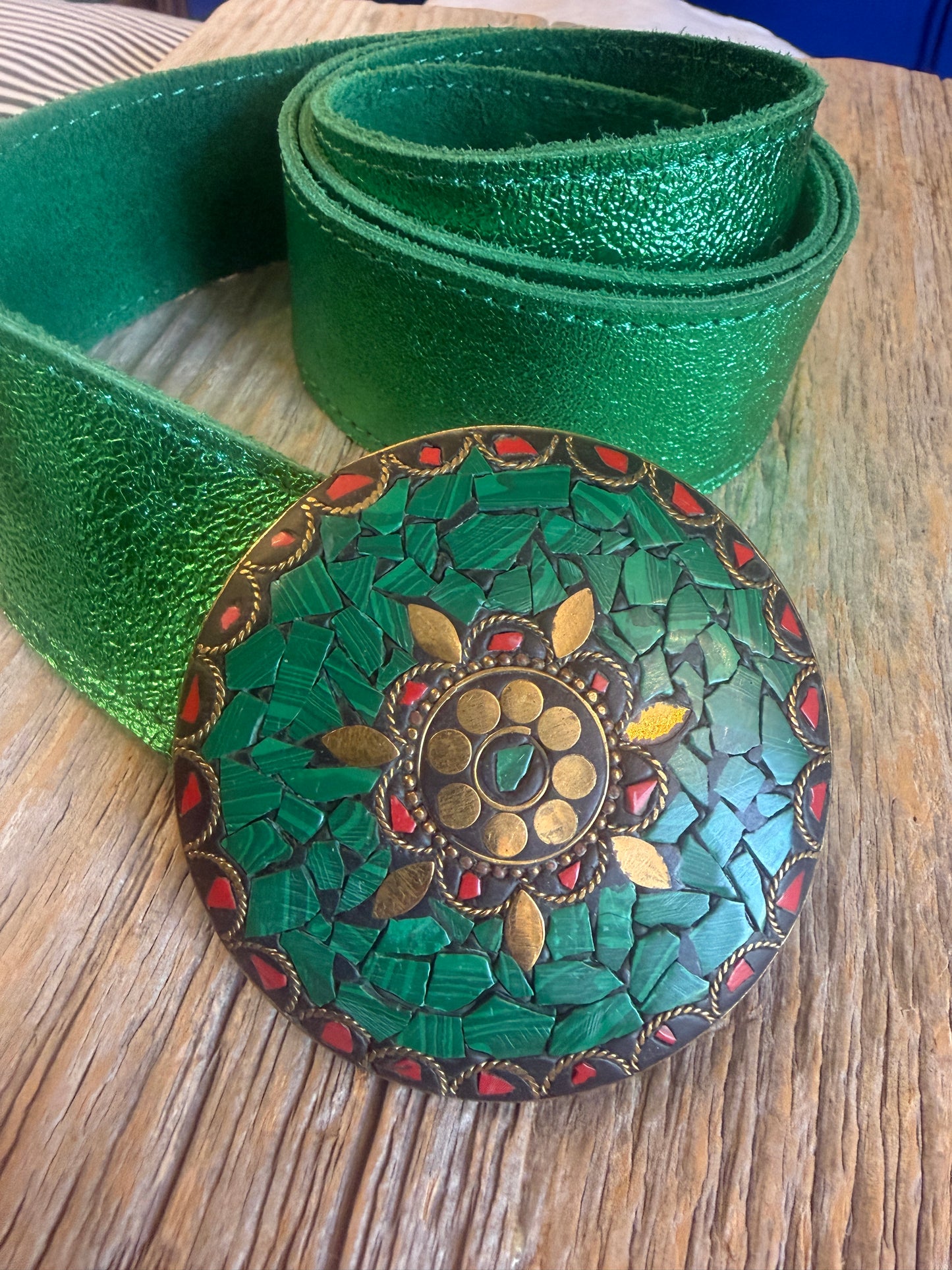 Metallic Green Leather Belt with Mosaic Buckle