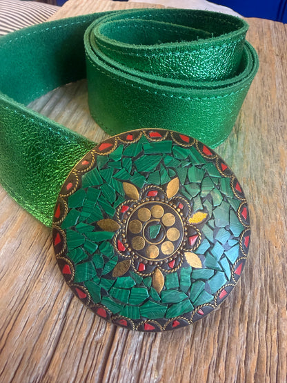 Metallic Green Leather Belt with Mosaic Buckle