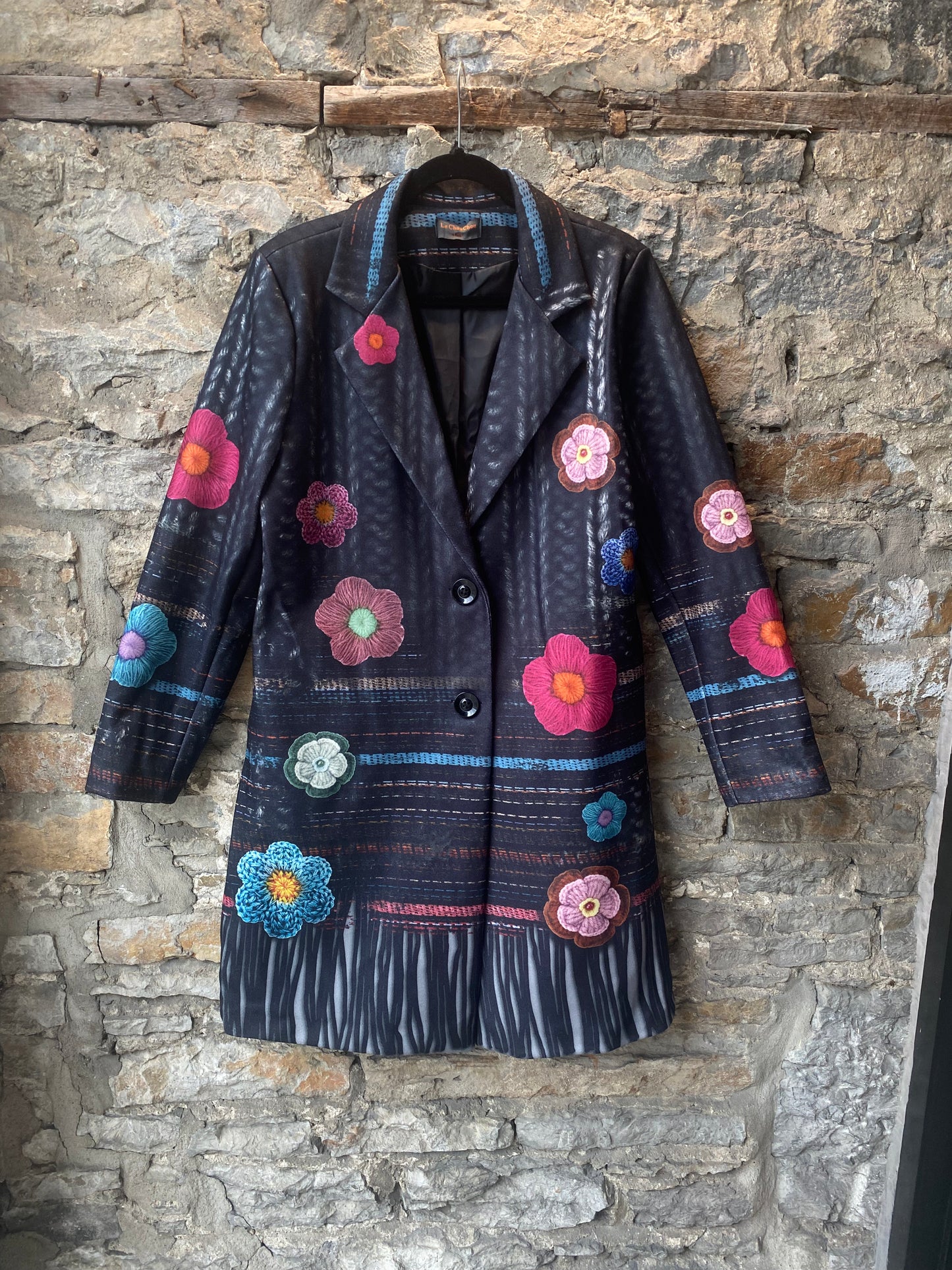3/4 Length Black Coat with Multicolour Detail