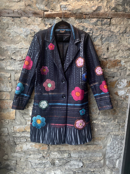 3/4 Length Black Coat with Multicolour Detail