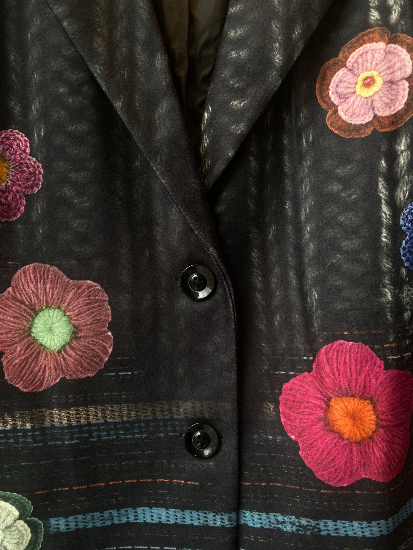 3/4 Length Black Coat with Multicolour Detail