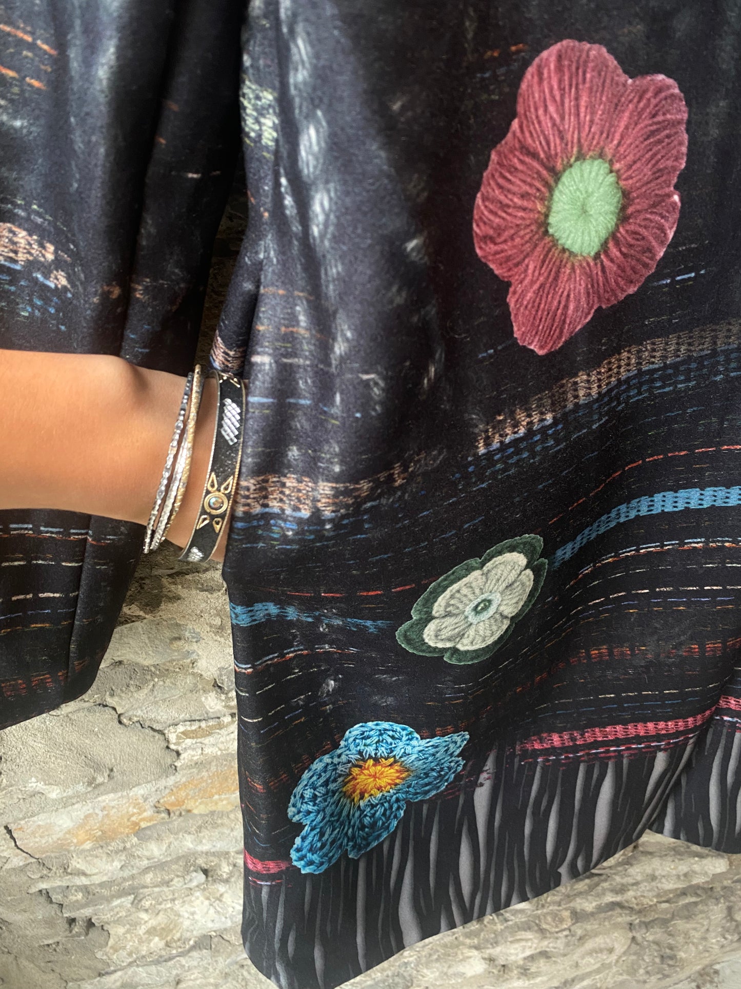 3/4 Length Black Coat with Multicolour Detail