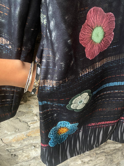 3/4 Length Black Coat with Multicolour Detail