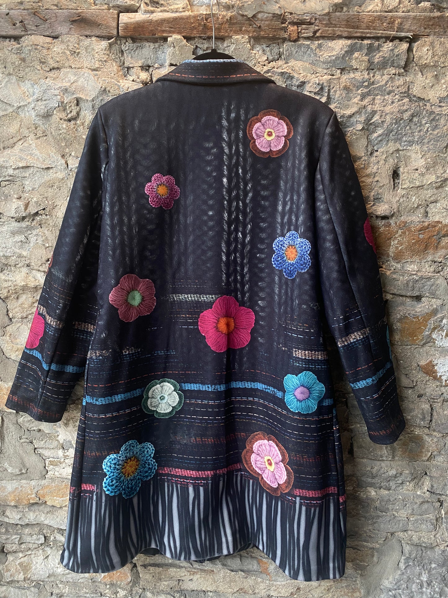 3/4 Length Black Coat with Multicolour Detail