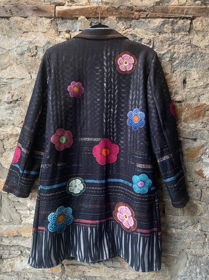 3/4 Length Black Coat with Multicolour Detail