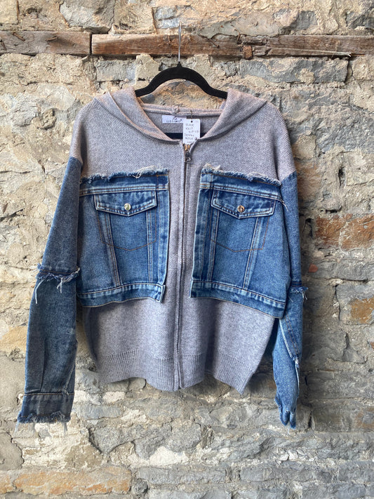 Grey Knit Zip-up Hoody with Denim Patches