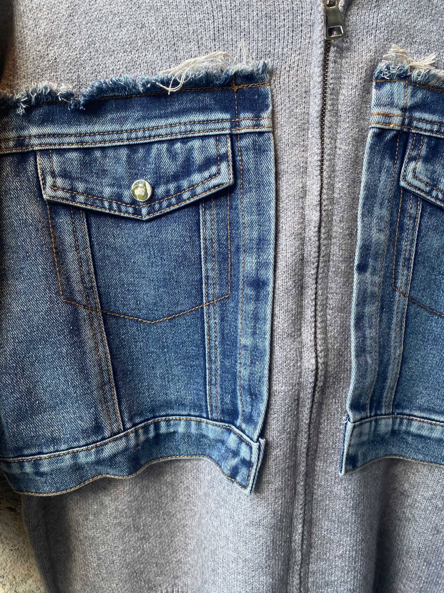 Grey Knit Zip-up Hoody with Denim Patches