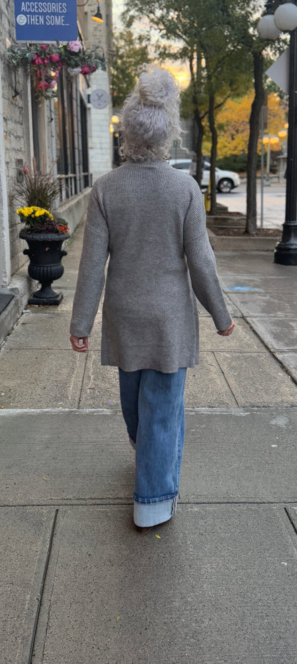 Grey Knit Belted Cardigan with Fringe Detail