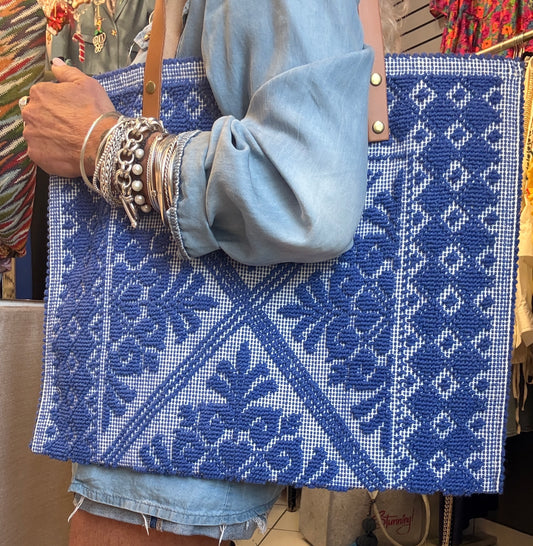100% Cotton Woven Shoulder Tote with Leather Handle - Navy Blue