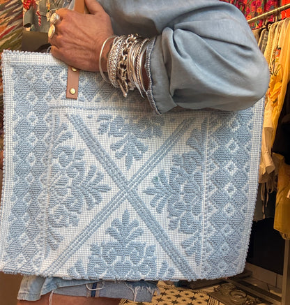 100% Cotton Woven Shoulder Tote with Leather Handle - Baby Blue