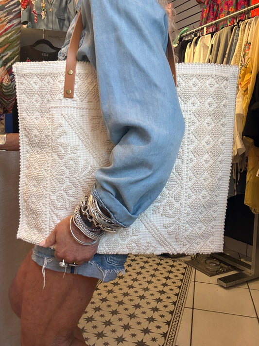 100% Cotton Woven Shoulder Tote with Leather Handle - Ivory