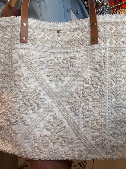 100% Cotton Woven Shoulder Tote with Leather Handle - Ivory