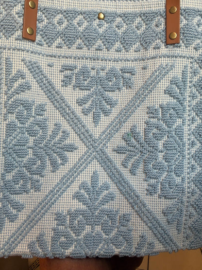 100% Cotton Woven Shoulder Tote with Leather Handle - Baby Blue