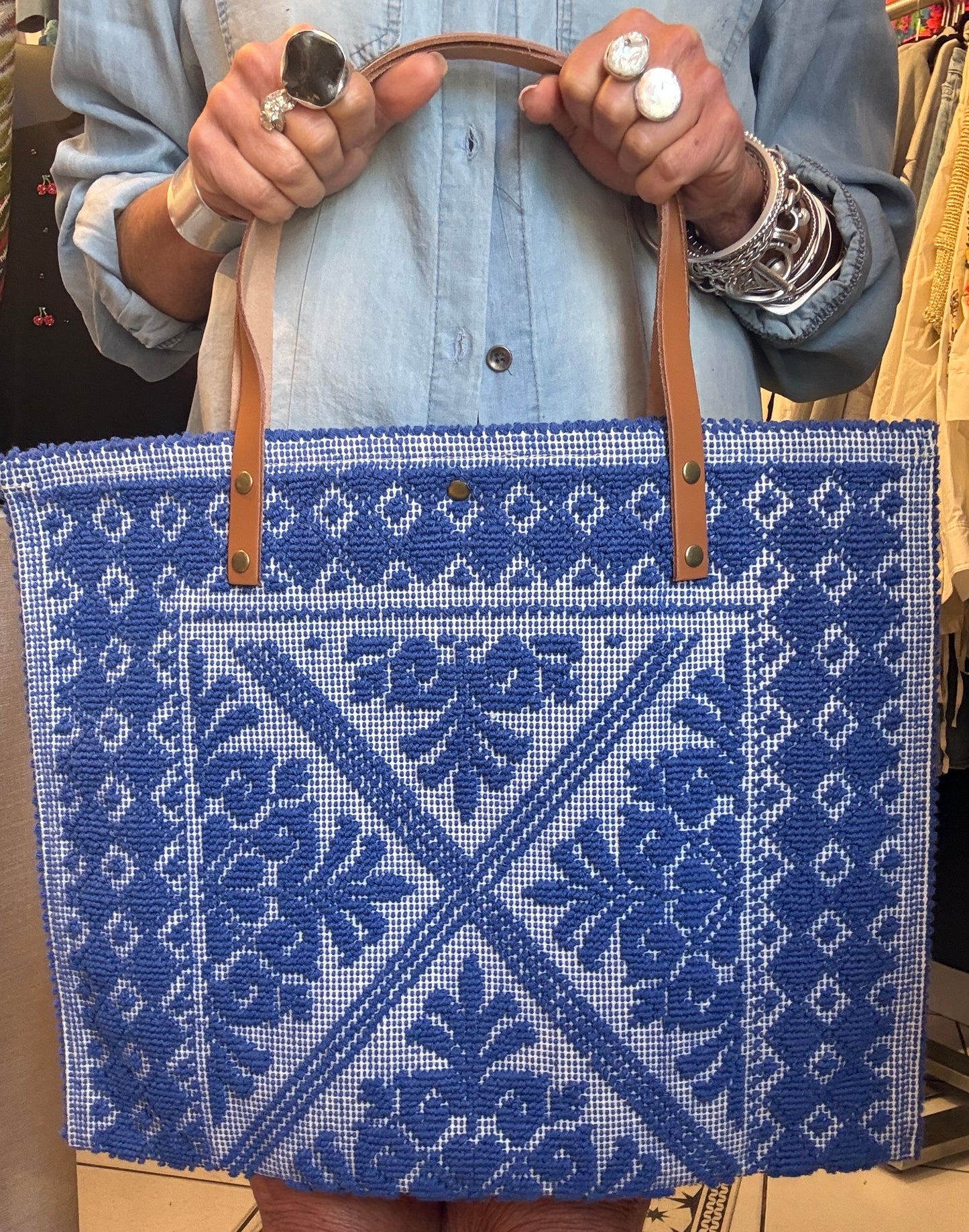 100% Cotton Woven Shoulder Tote with Leather Handle - Navy Blue