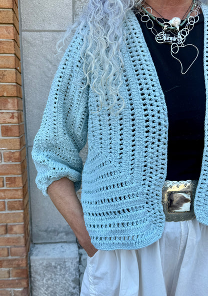 100% Hand Loomed Cotton Short Cardigan - BLUE