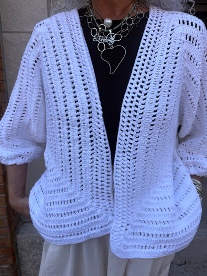 100% Hand Loomed Cotton Short Cardigan - WHITE