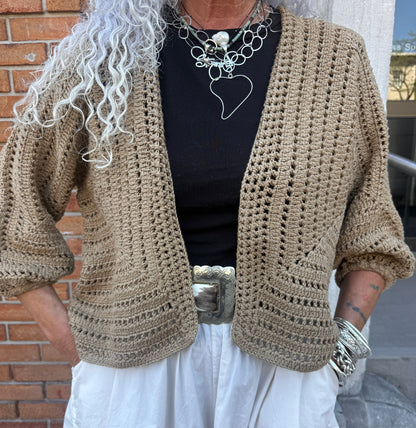 100% Hand Loomed Cotton Short Cardigan - LIGHT BROWN