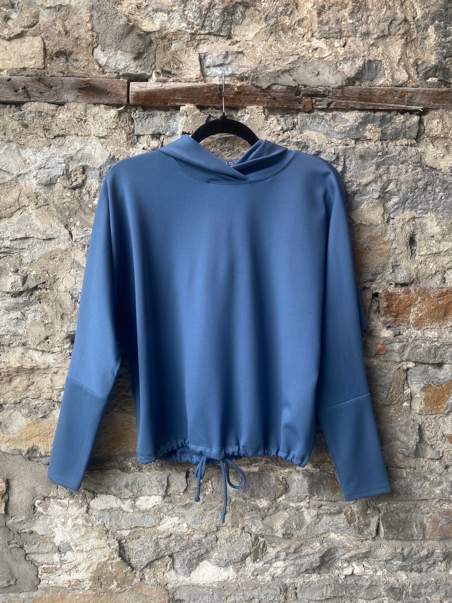 Solid Lightweight Ponte Hoody Sweatshirt with drawstring waist- Blue