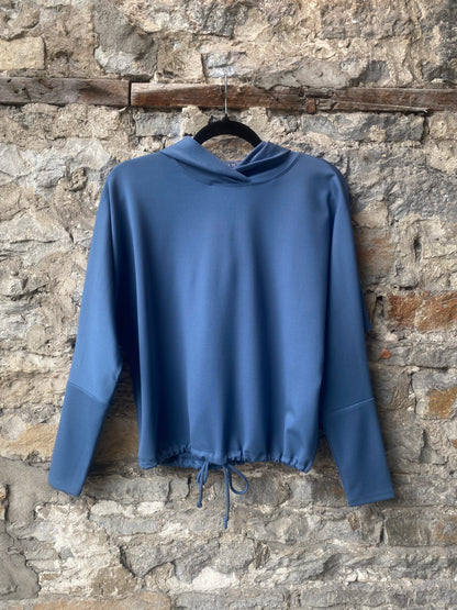 Solid Lightweight Ponte Hoody Sweatshirt with drawstring waist- Blue