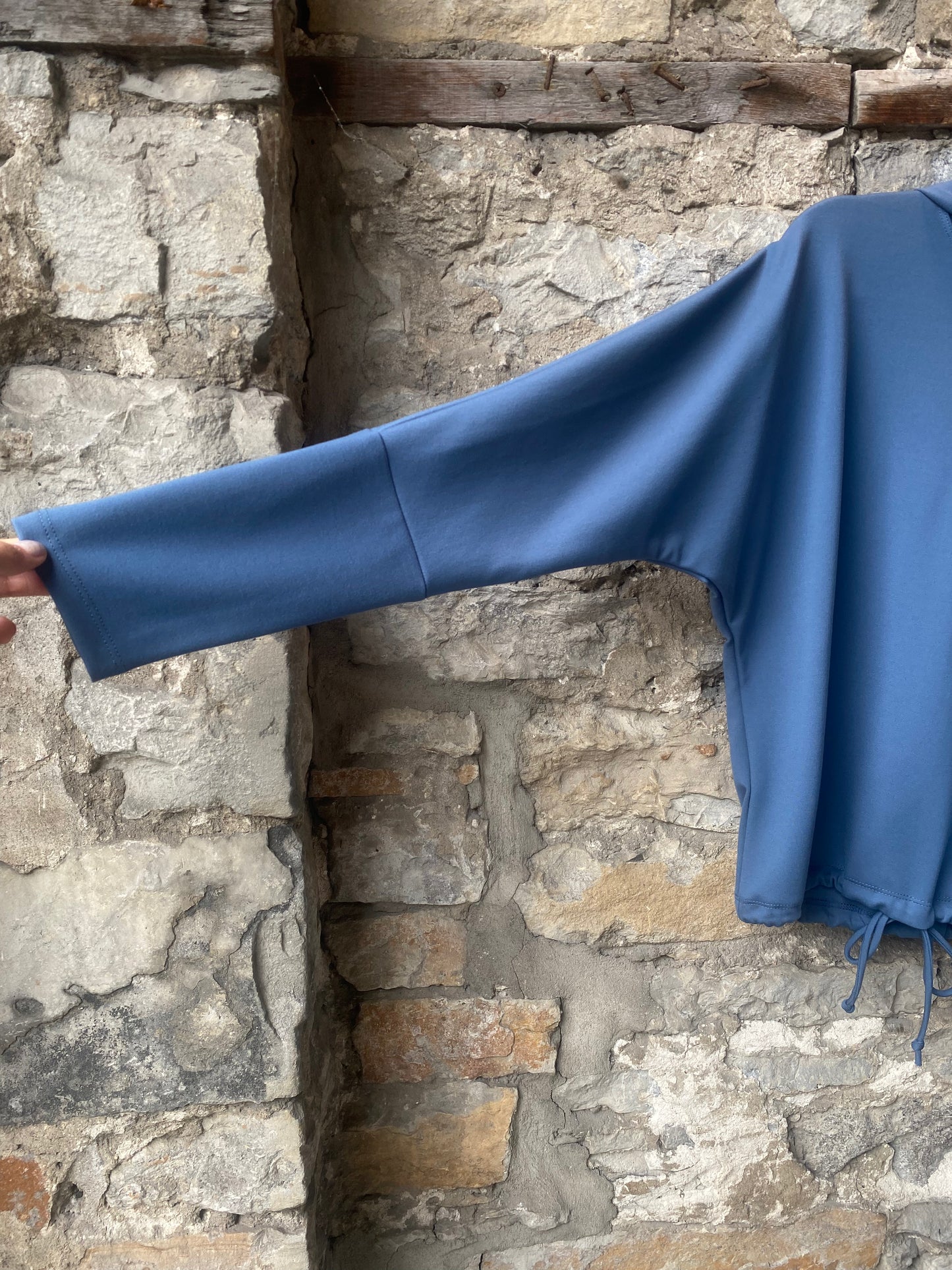 Solid Lightweight Ponte Hoody Sweatshirt with drawstring waist- Blue