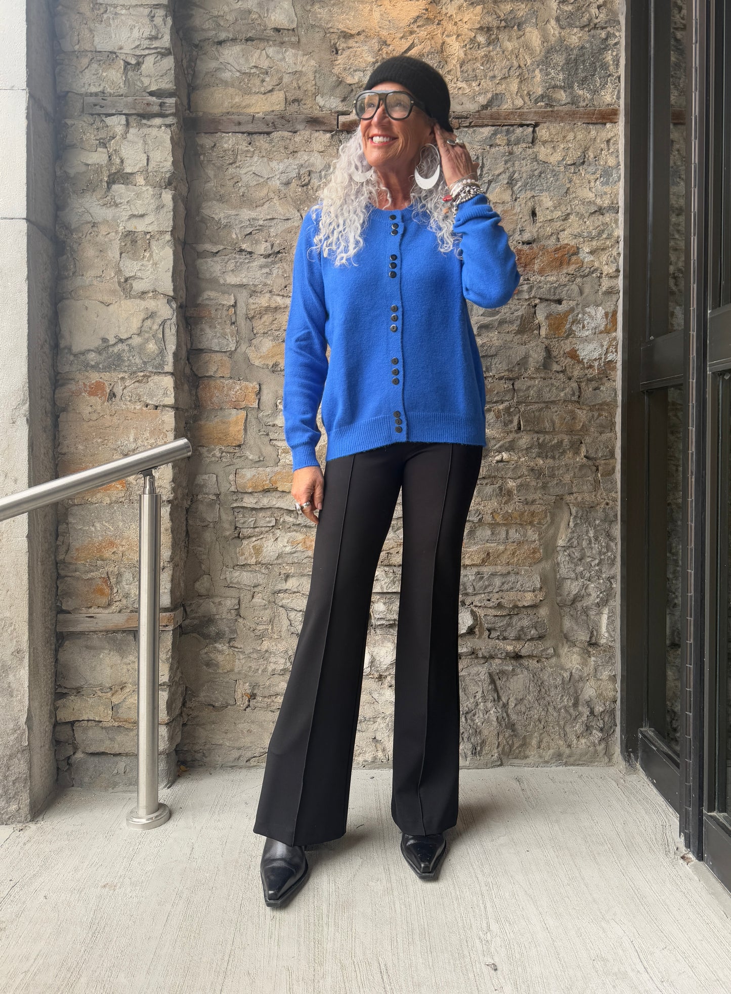 Blue Round Neck Knit with black buttons Cardigan