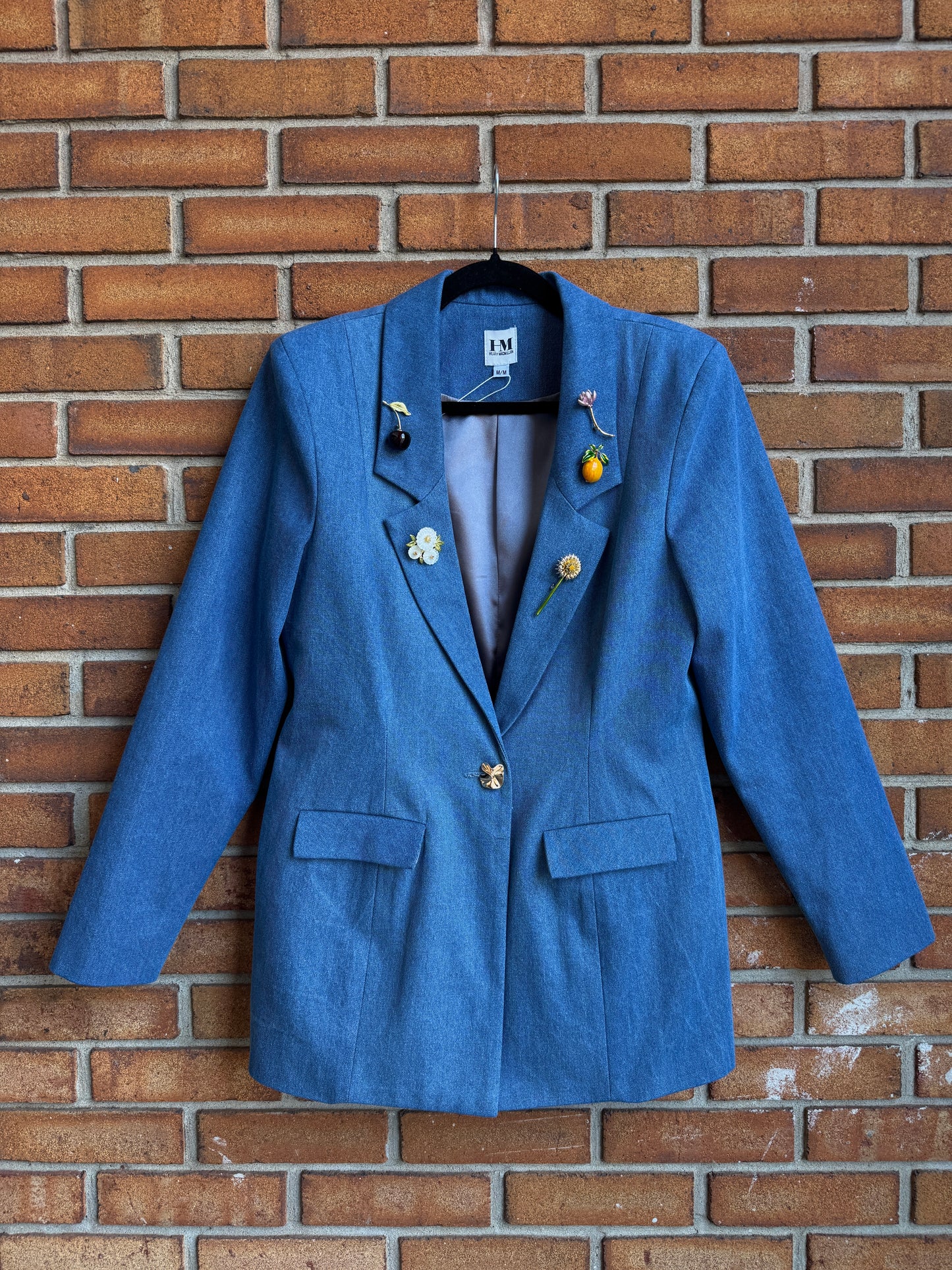 100% Cotton Denim Blazer with Assorted Brooches