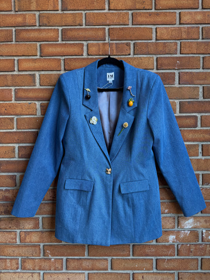 100% Cotton Denim Blazer with Assorted Brooches
