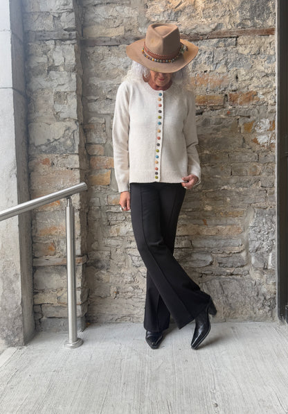 Beige Round Neck Knit Cardigan with Multicoloured Buttons