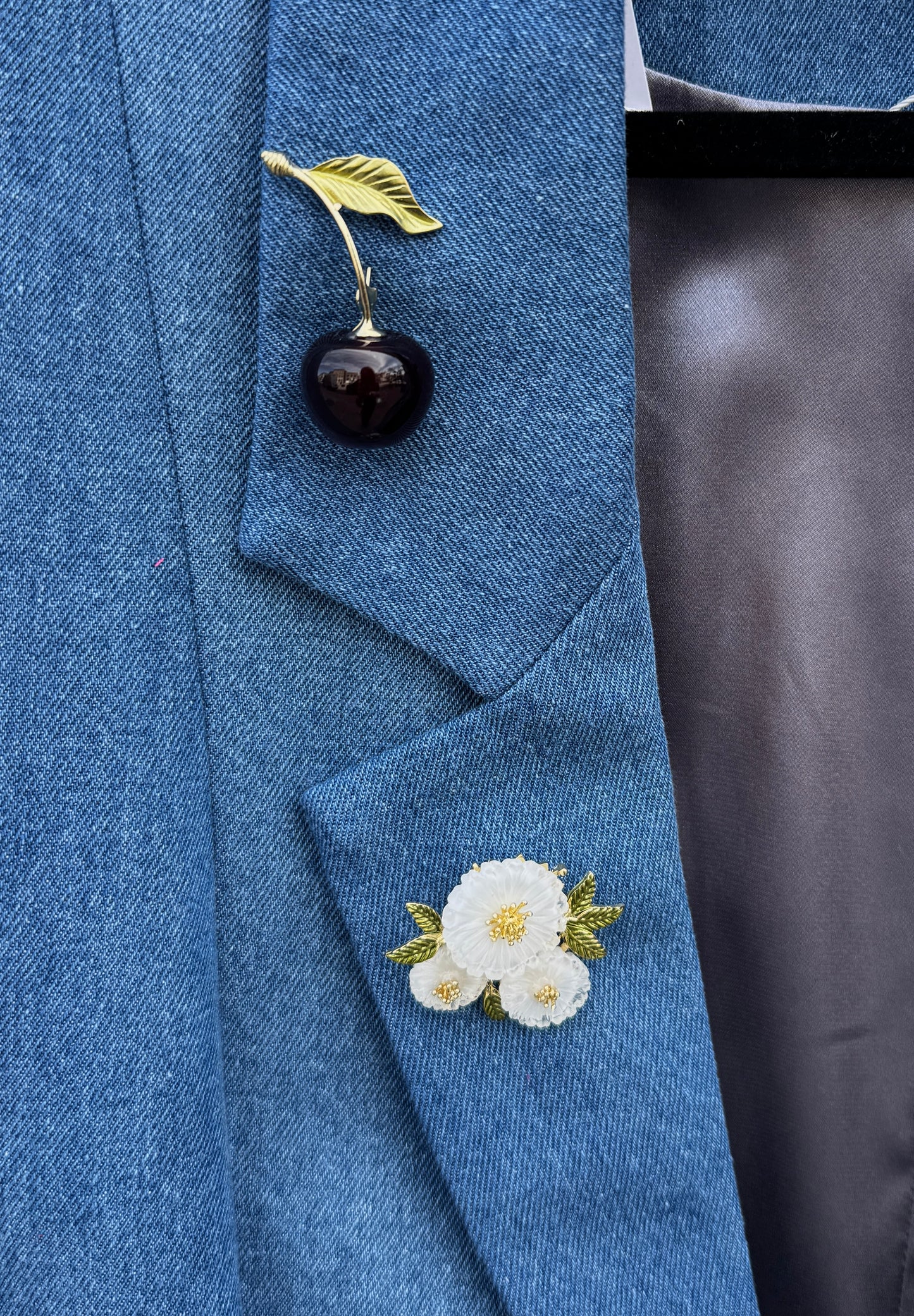 100% Cotton Denim Blazer with Assorted Brooches