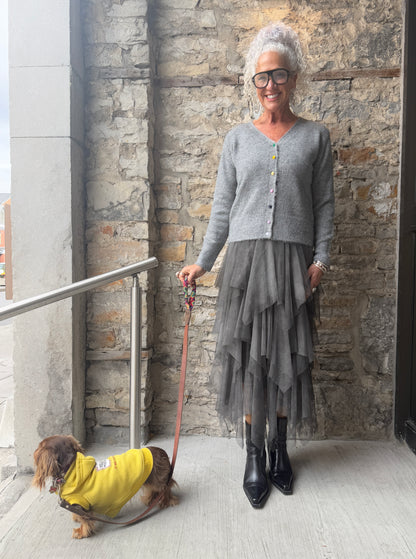 Grey Knit Cardigan with Multicoloured Velvet Buttons