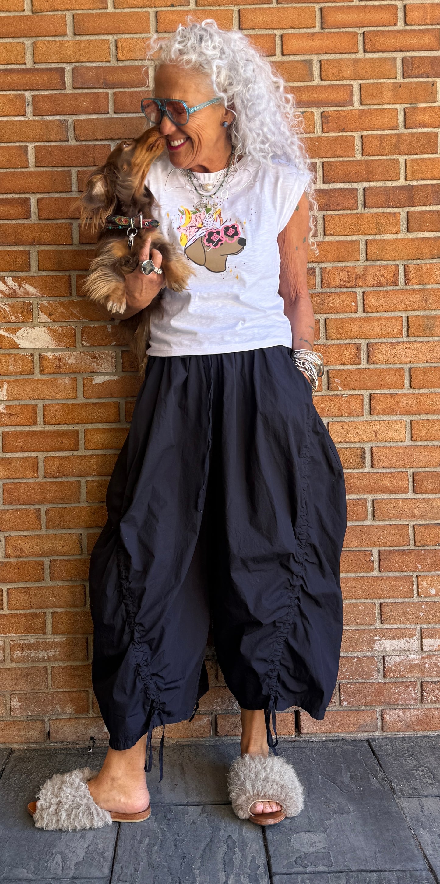 100% Cotton Barrel Pant with Ruching - NAVY