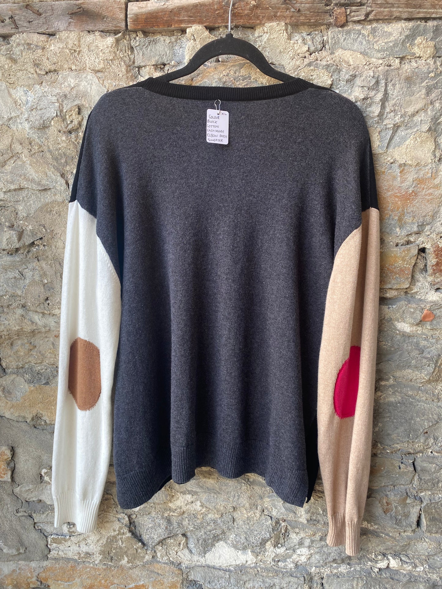 Colour Blocked Cotton Cashmere Elbow Patch Sweater