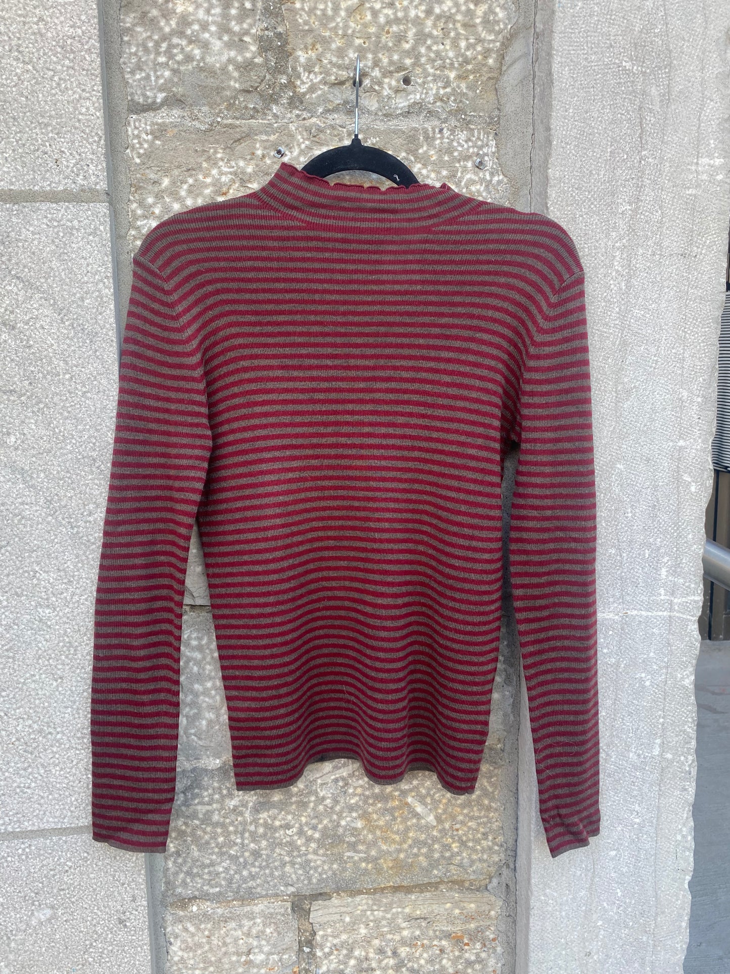 Red & Grey Striped Mock Neck Sweater