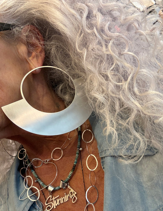 Statement Modern Half Circle Hoop Earrings - Brush SILVER