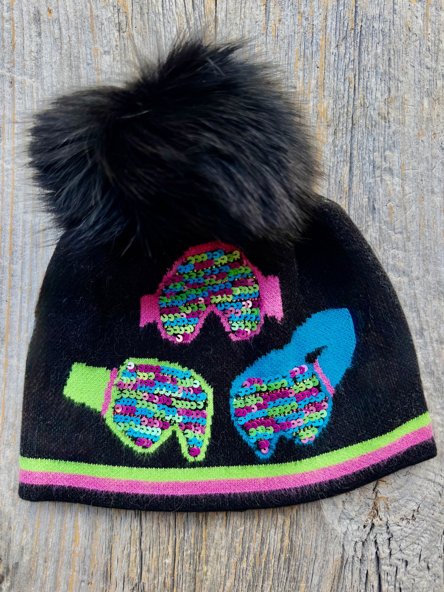 Black Knit Toque with  multi colour sequins and Removable Pom Pom -GOGGLES