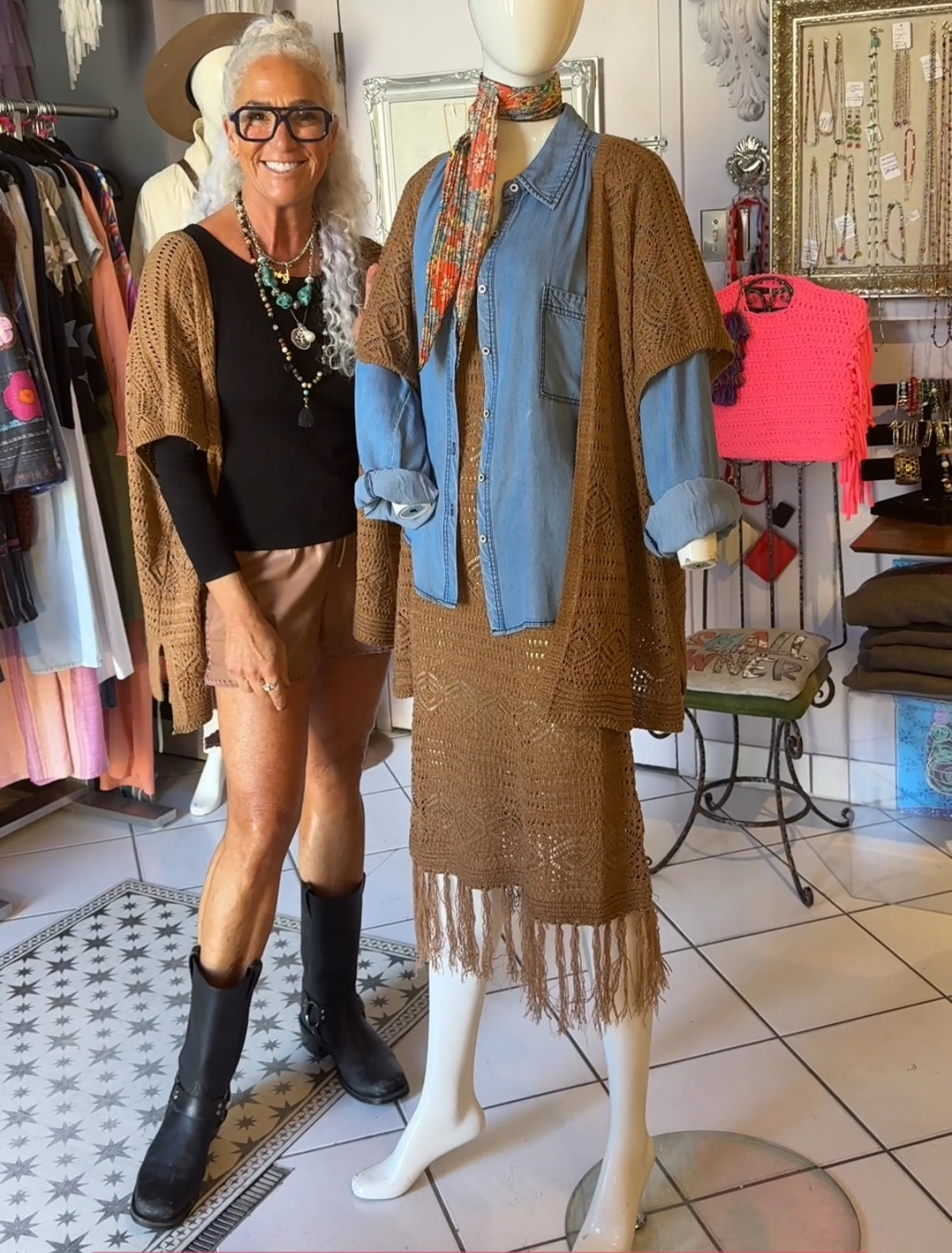 Tan Open Front Crochet Short Sleeve Sweater Vest